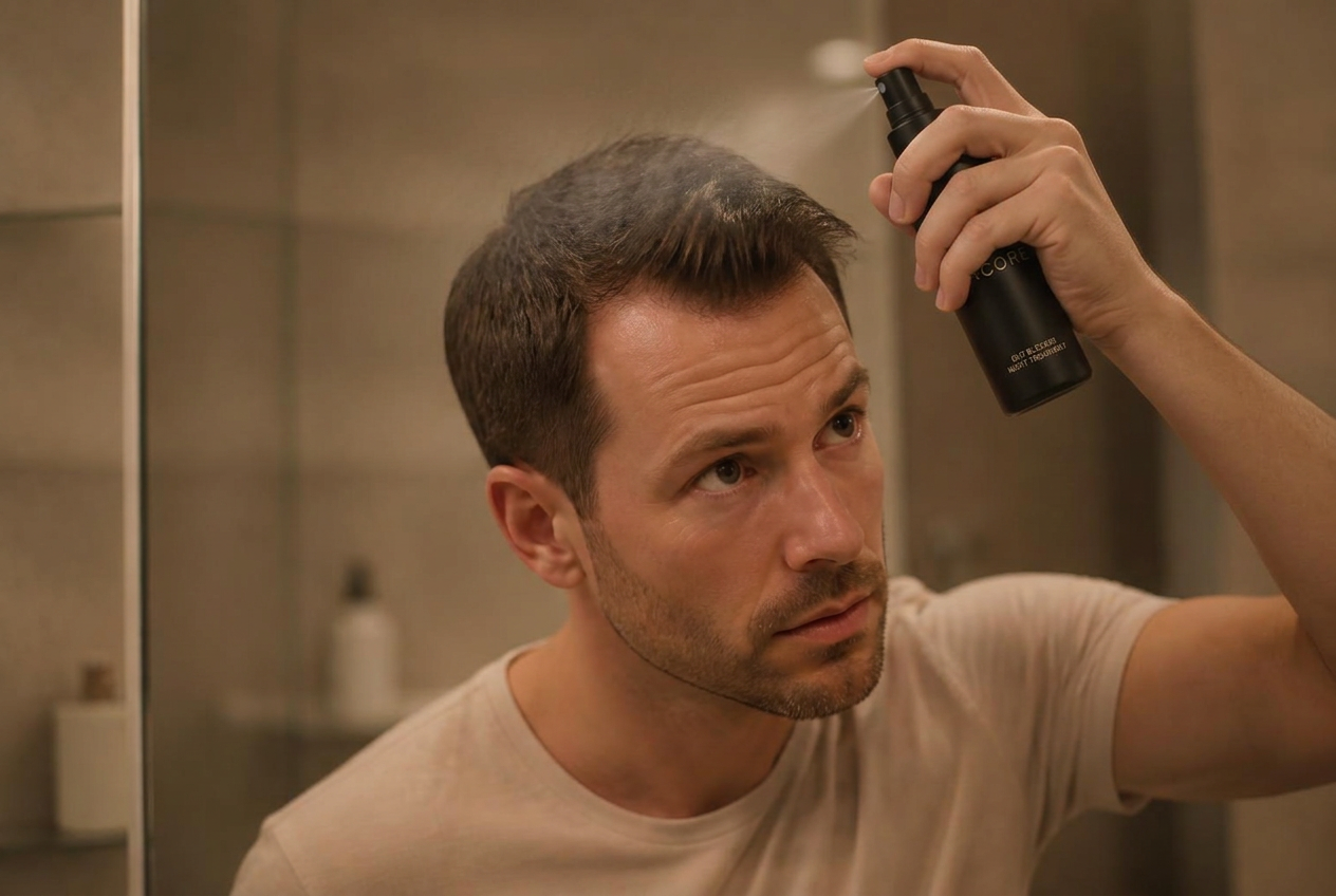A patient applying the Encore non-hormonal DHT blocker spray in front of a mirror in the evening