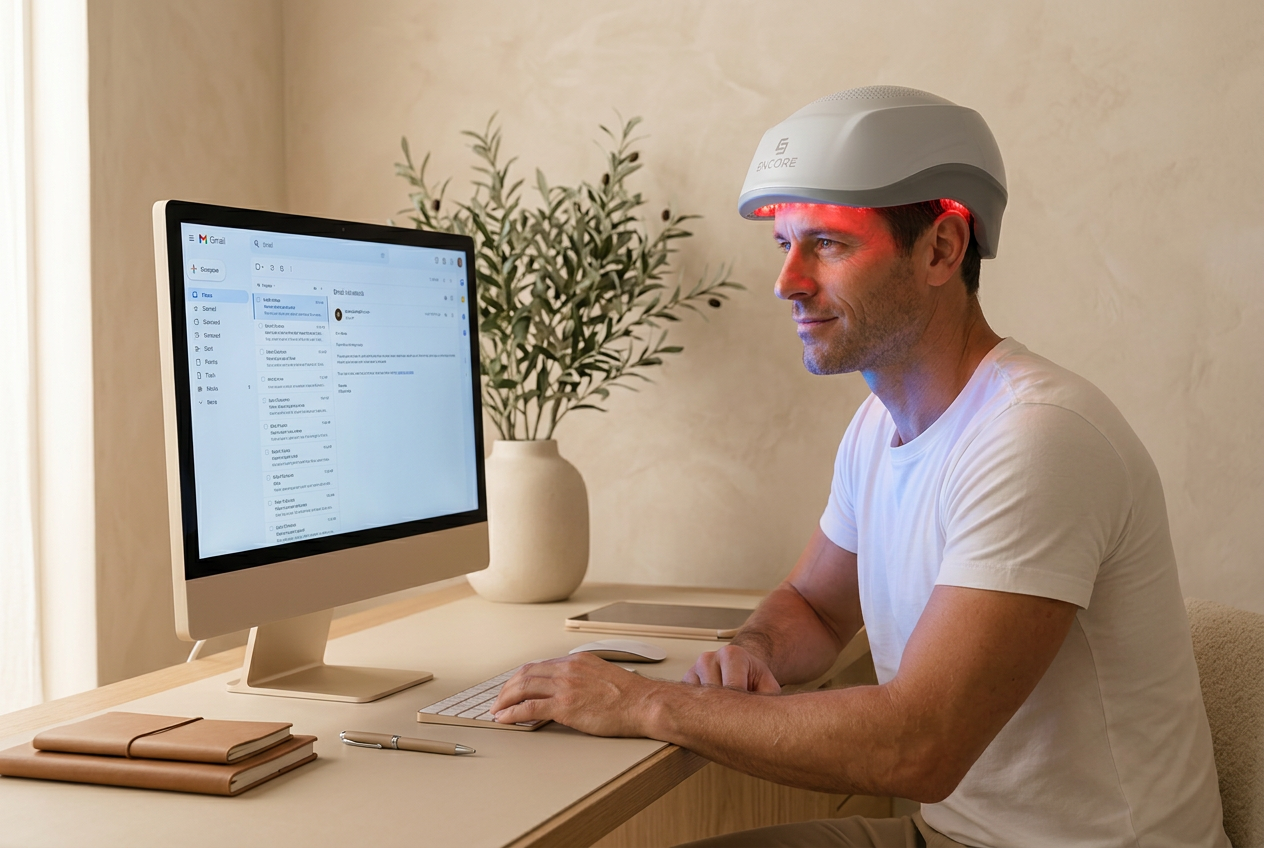 A patient wearing an Encore red light therapy helmet at his desk during a morning at-home session