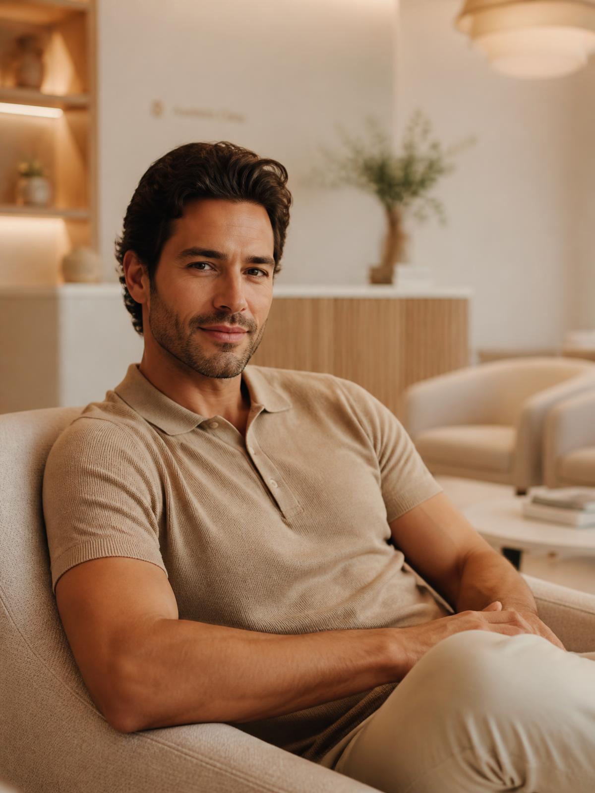 Patient seated in the warm, light-filled Encore Bogotá clinic lounge
